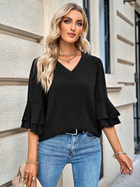 Layered Flare Sleeve Textured V-Neck Blouse - Country Club Prep