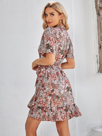 Floral Short Sleeve Ruffle Hem Dress - Country Club Prep