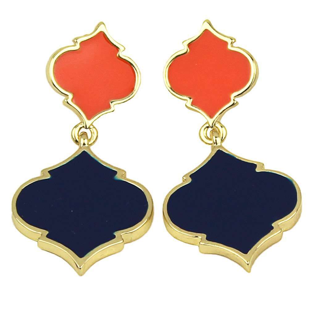 Two-Toned Spade Earrings in Orange and Navy by Fornash - Country Club Prep