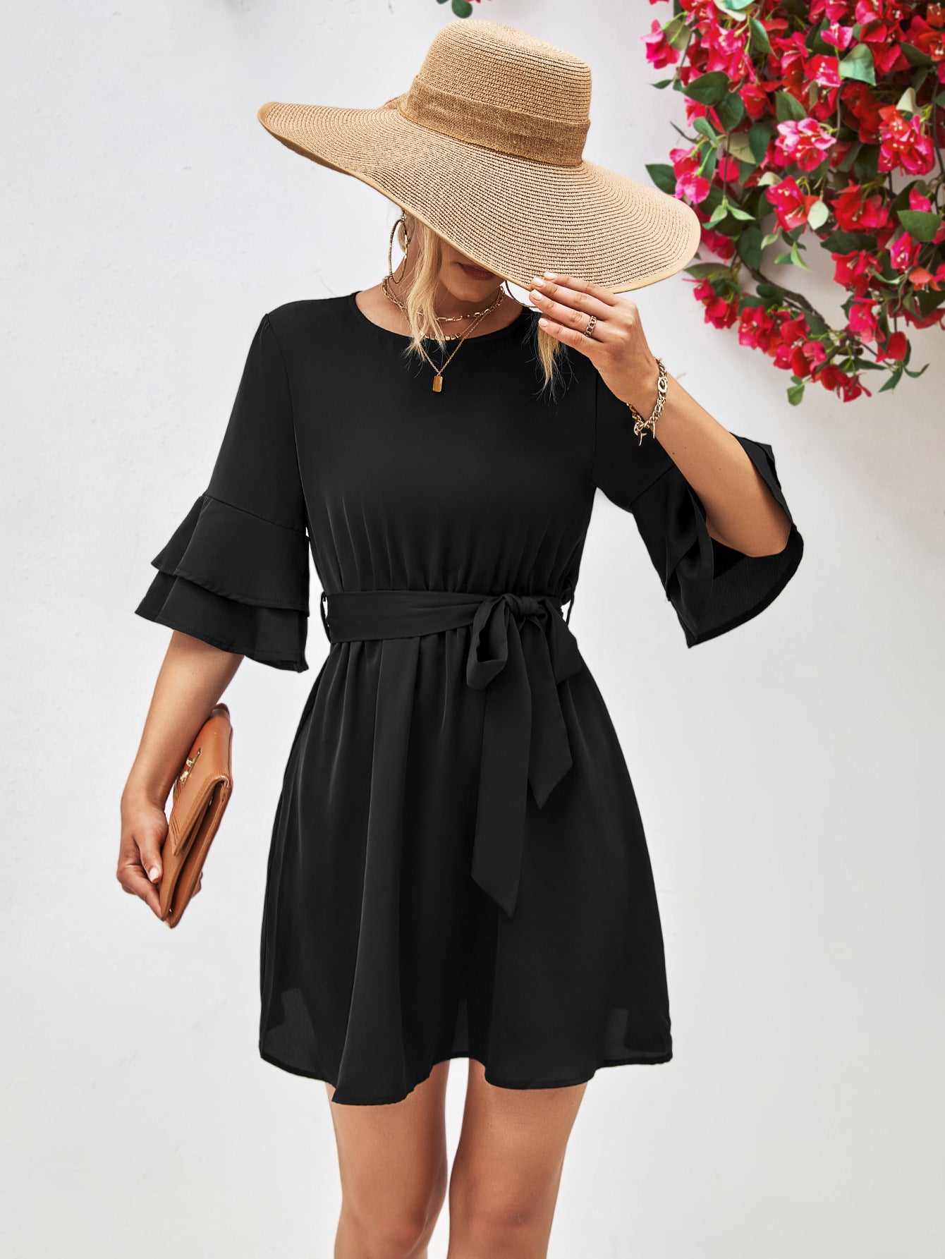 Round Neck Tie Belt Flounce Sleeve Dress - Country Club Prep