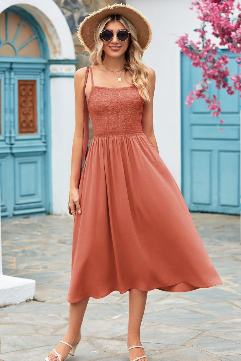 Spaghetti Strap Side Cutout Smocked Mini Dress