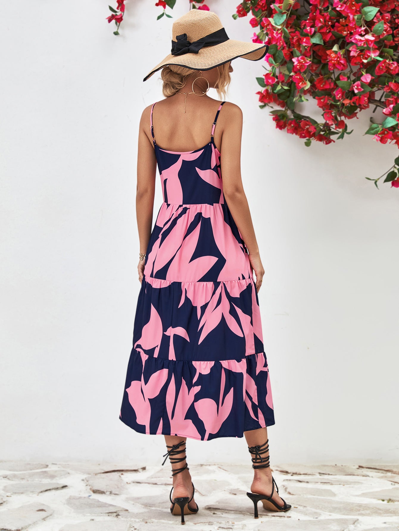 Printed Spaghetti Strap Tiered Midi Dress Country Club Prep Printed Spaghetti Strap Tiered Midi Dress Country Club Prep