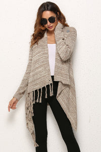 One-Button Tassel Tie Asymmetrical Hem Cardigan - Country Club Prep