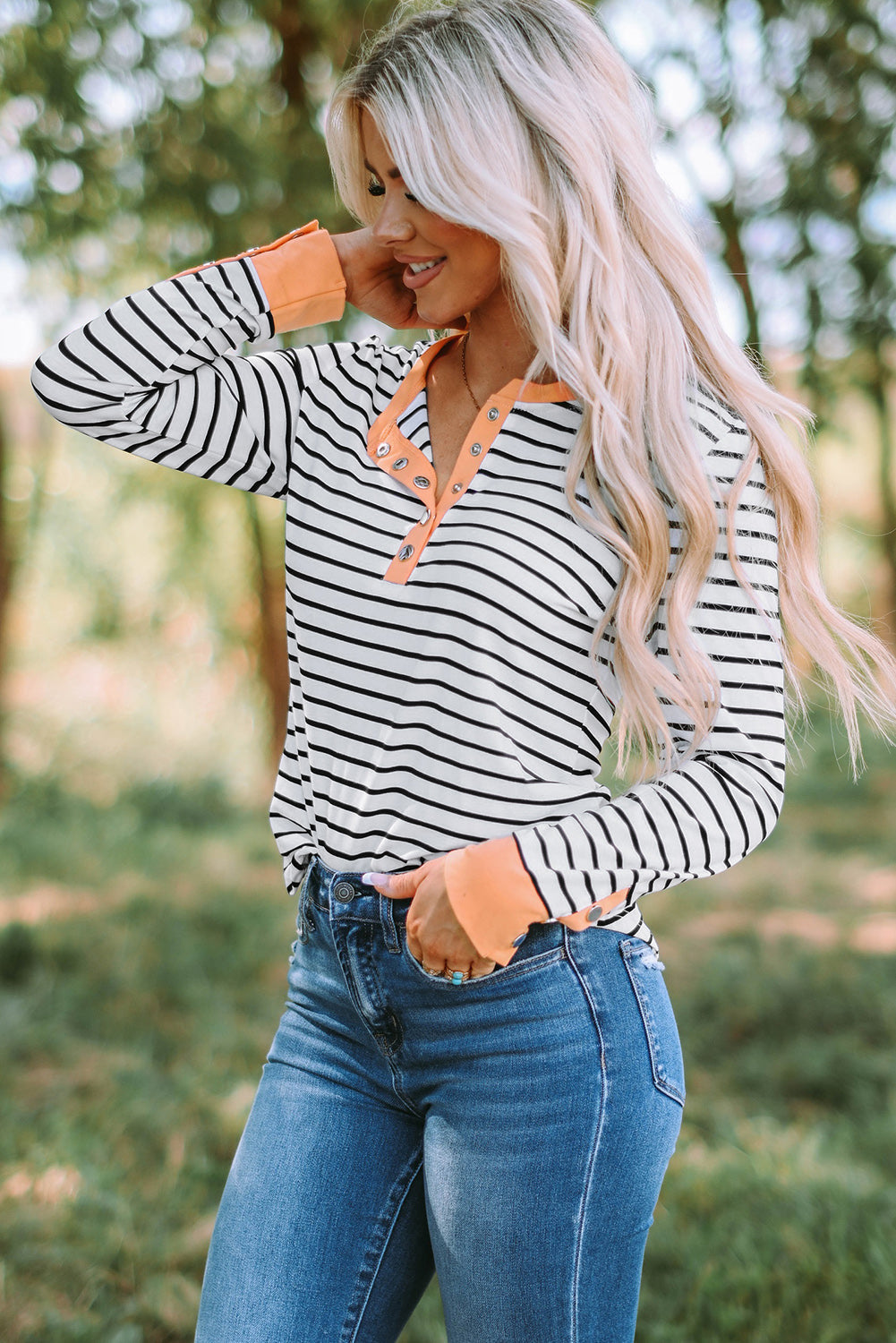 Striped Contrast Trim Quarter Snap T-Shirt - Country Club Prep