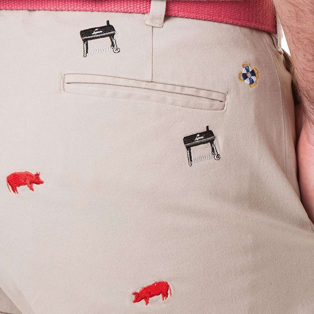 Stretch Twill Harbor Pant with Embroidered Smoker Grill and Pig by Castaway Clothing - Country Club Prep