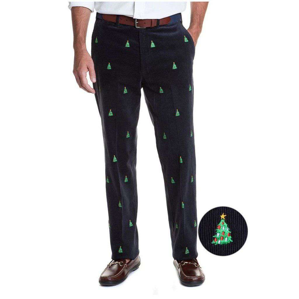 Beachcomber Corduroy Pants in Navy with Embroidered Christmas Trees by Castaway Clothing - Country Club Prep