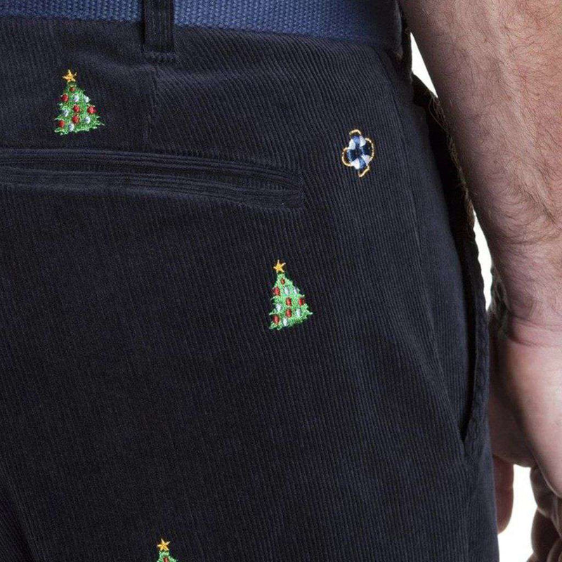 Beachcomber Corduroy Pants in Navy with Embroidered Christmas Trees by Castaway Clothing - Country Club Prep