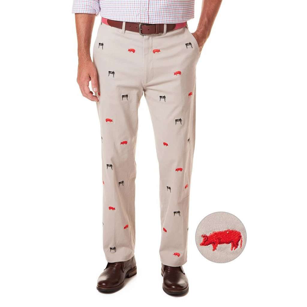 Stretch Twill Harbor Pant with Embroidered Smoker Grill and Pig by Castaway Clothing - Country Club Prep