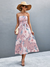 Floral Print Tie Waist Straight Neck Midi Dress - Country Club Prep