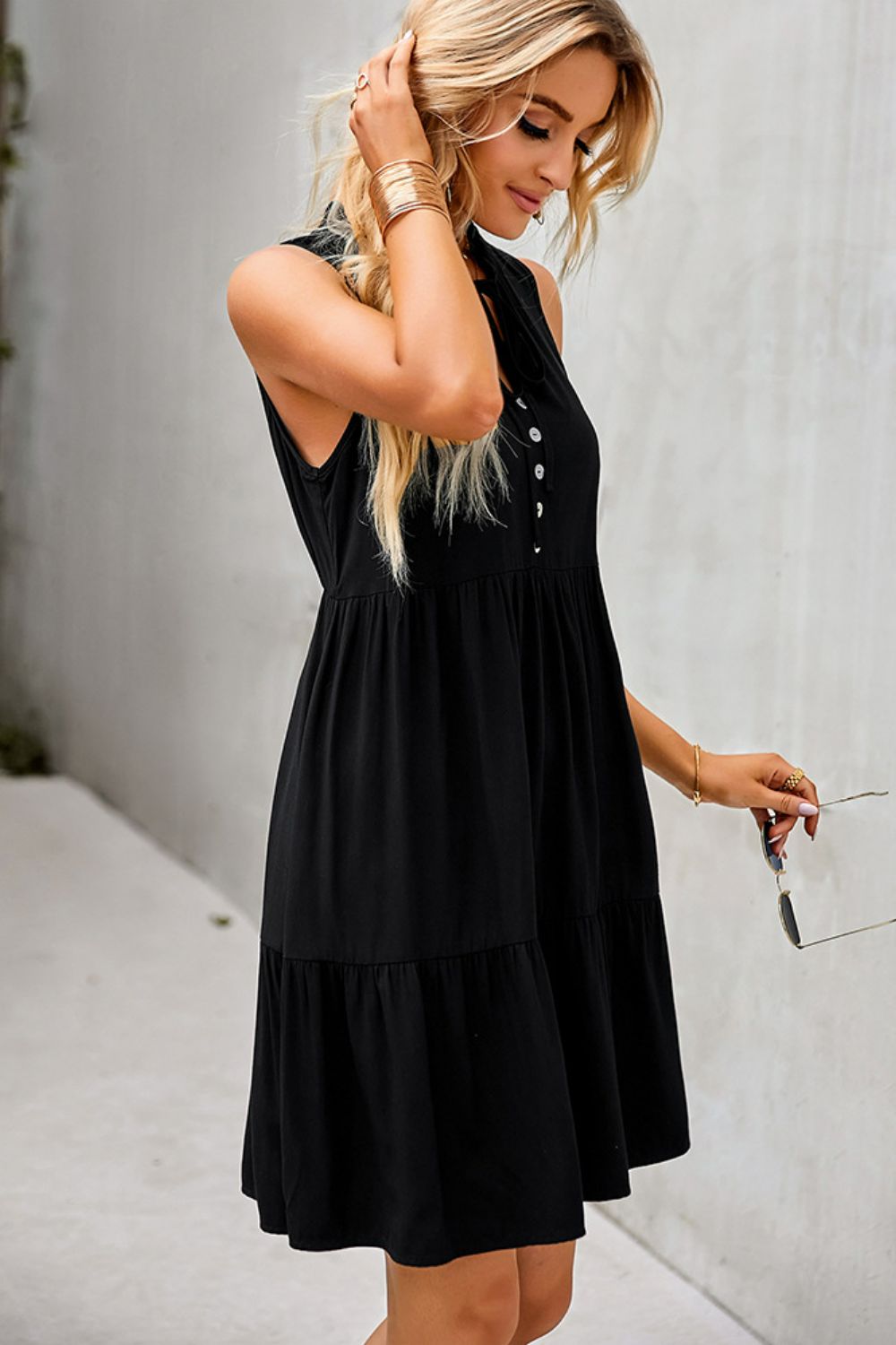 Decorative Button Sleeveless Tiered Dress
