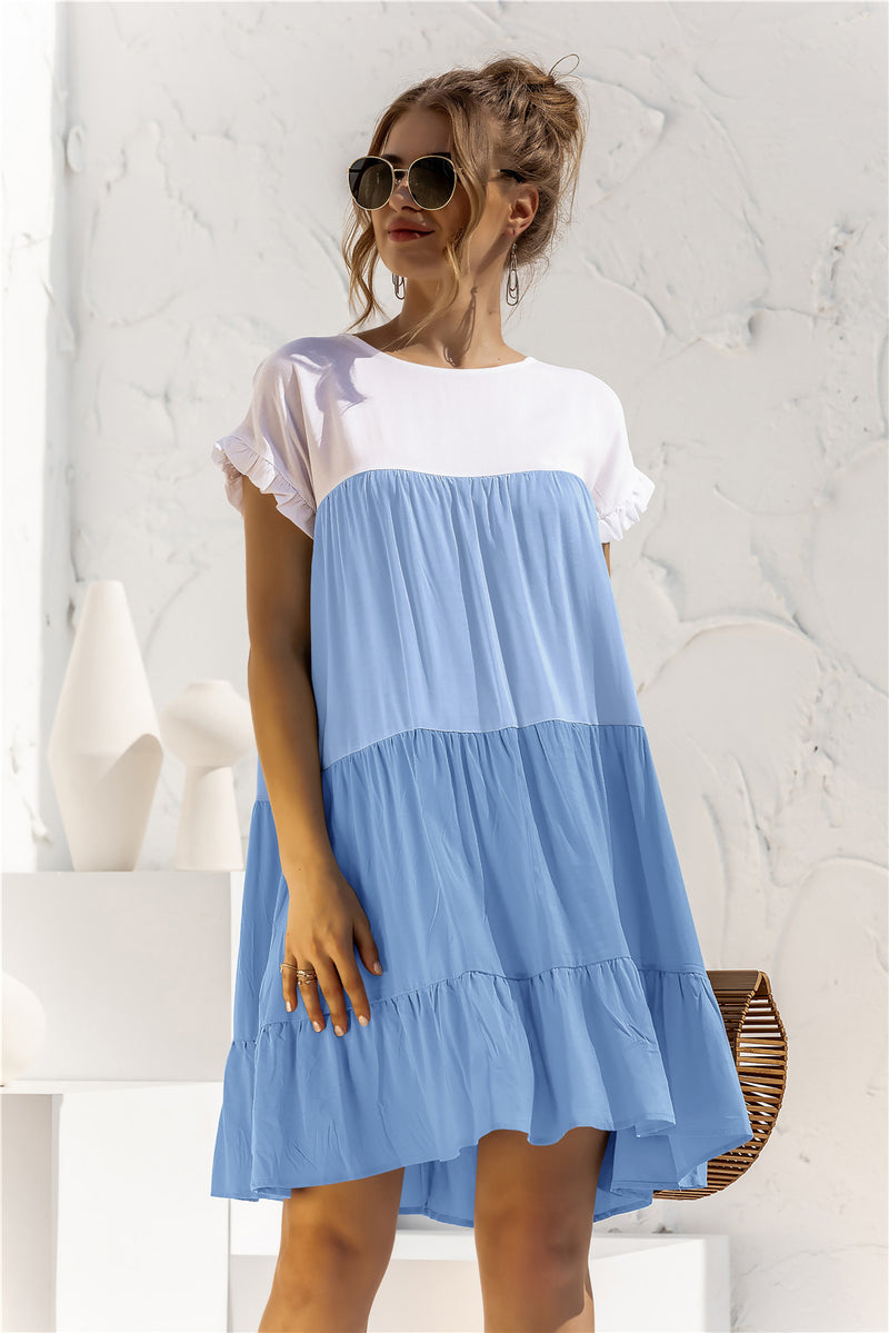 Color Block Round Neck Ruffle Hem Dress - Country Club Prep