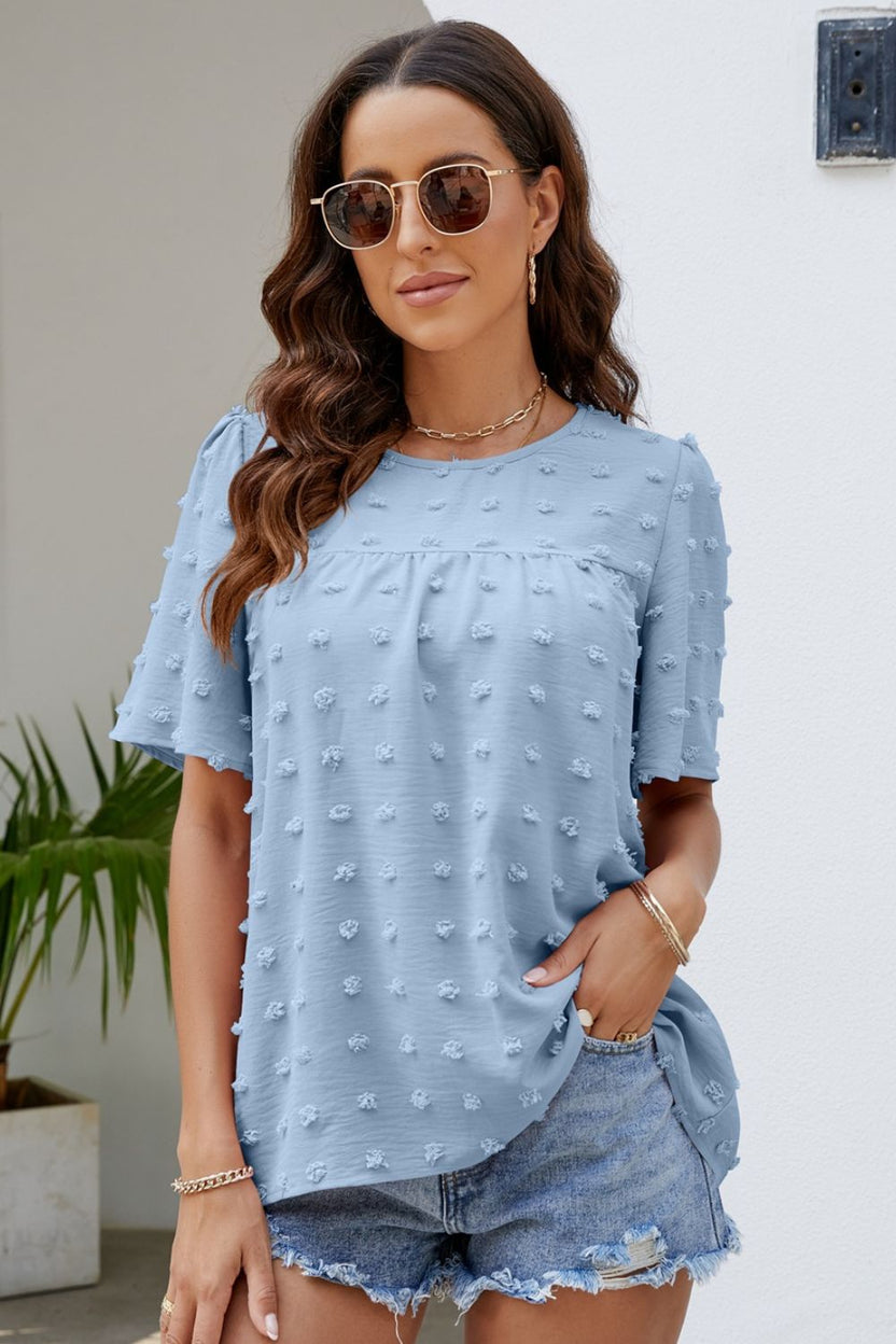 Puff Sleeve Swiss Dot Lace Trim Blouse main image 0