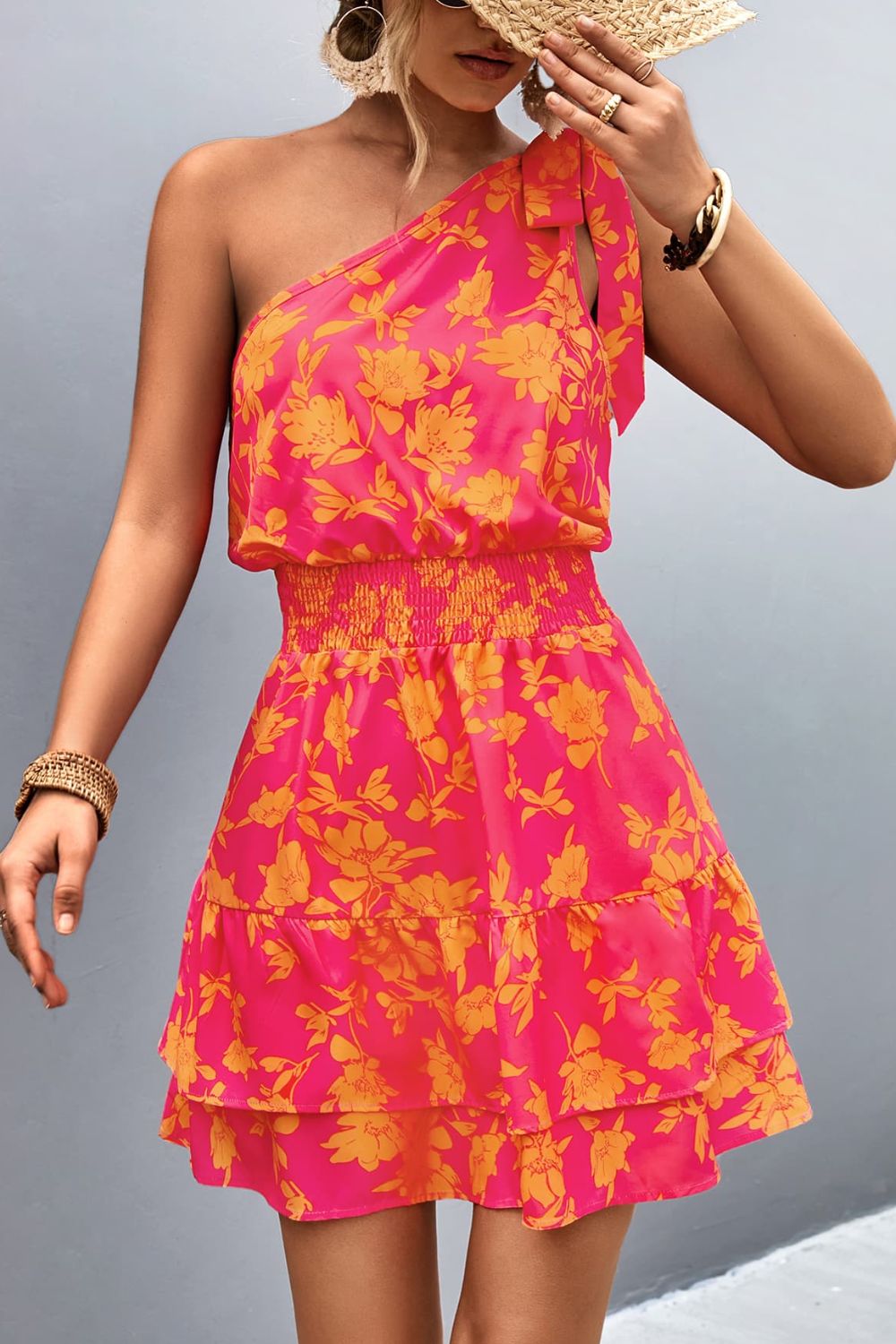 Floral Smocked Waist Tied One-Shoulder Dress - Country Club Prep