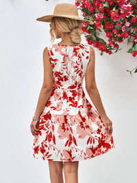 Floral V-Neck Tie Waist Sleeveless Dress - Country Club Prep