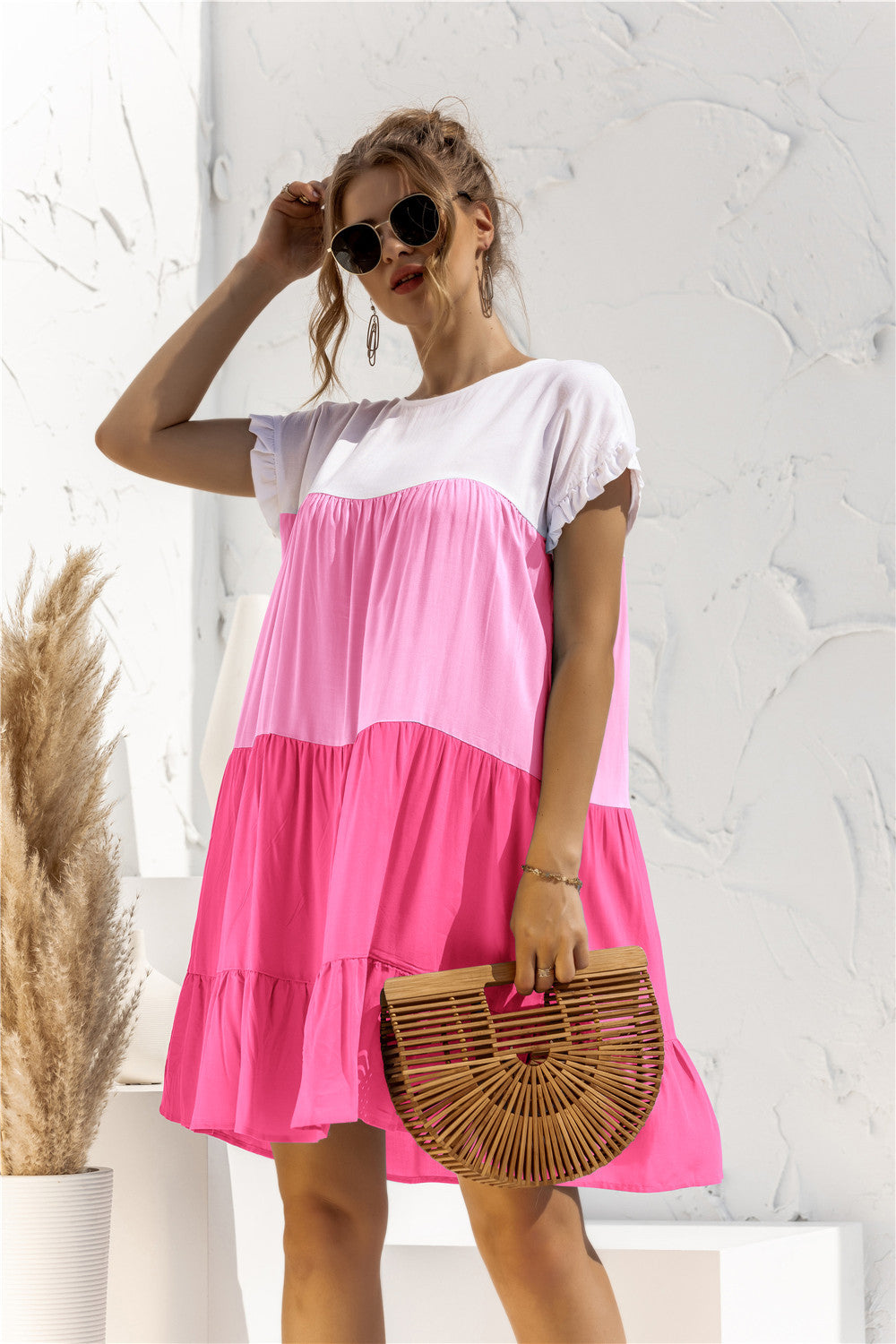 Color Block Round Neck Ruffle Hem Dress - Country Club Prep