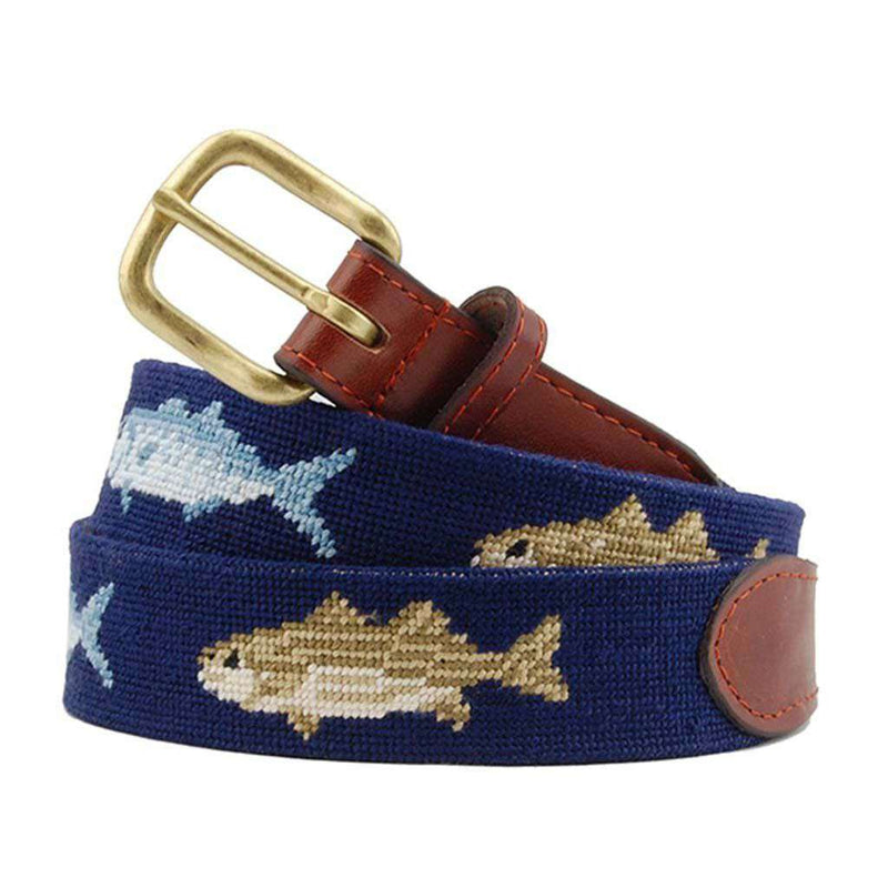 Bluefish and Striper Needlepoint Belt in Dark Navy by Smathers & Branson - Country Club Prep