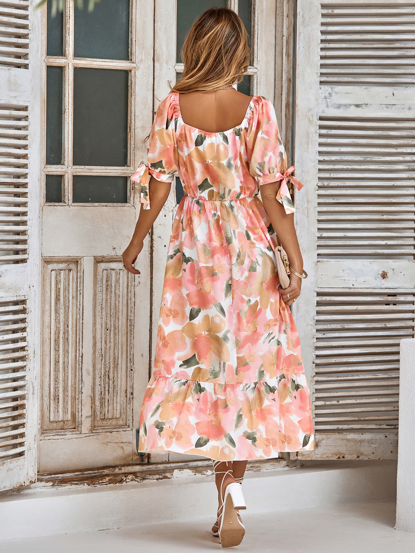 Floral Tie Cuff Surplice Neck Dress - Country Club Prep