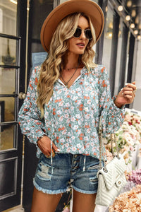 Floral Tie Neck Lantern Sleeve Blouse - Country Club Prep