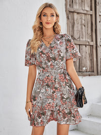 Floral Short Sleeve Ruffle Hem Dress - Country Club Prep