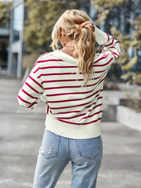 Striped Ribbed Trim Collared Knit Sweater - Country Club Prep