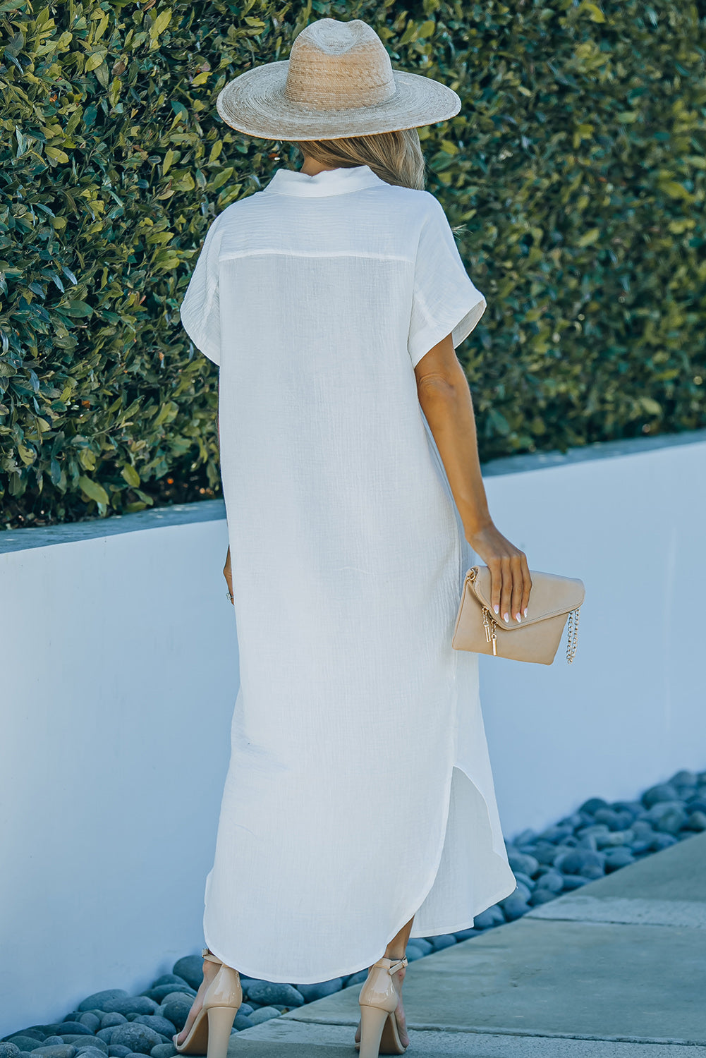 Textured Button Down Slit Shirt Dress - Country Club Prep