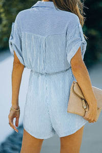 Striped Collared Neck Belted Romper - Country Club Prep