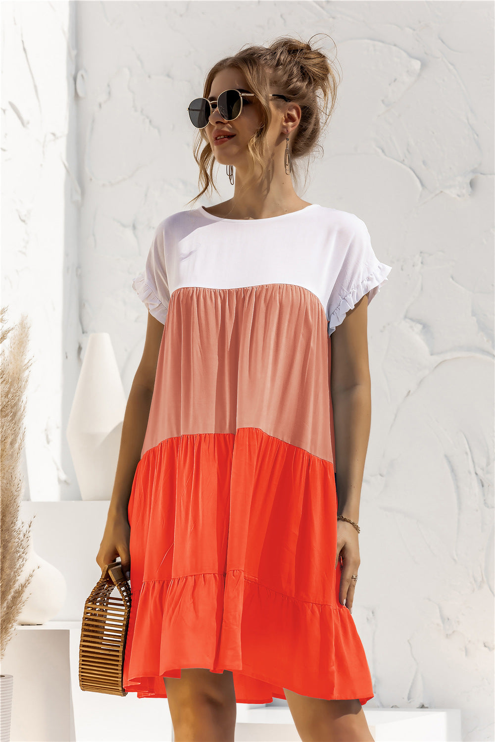 Color Block Round Neck Ruffle Hem Dress - Country Club Prep