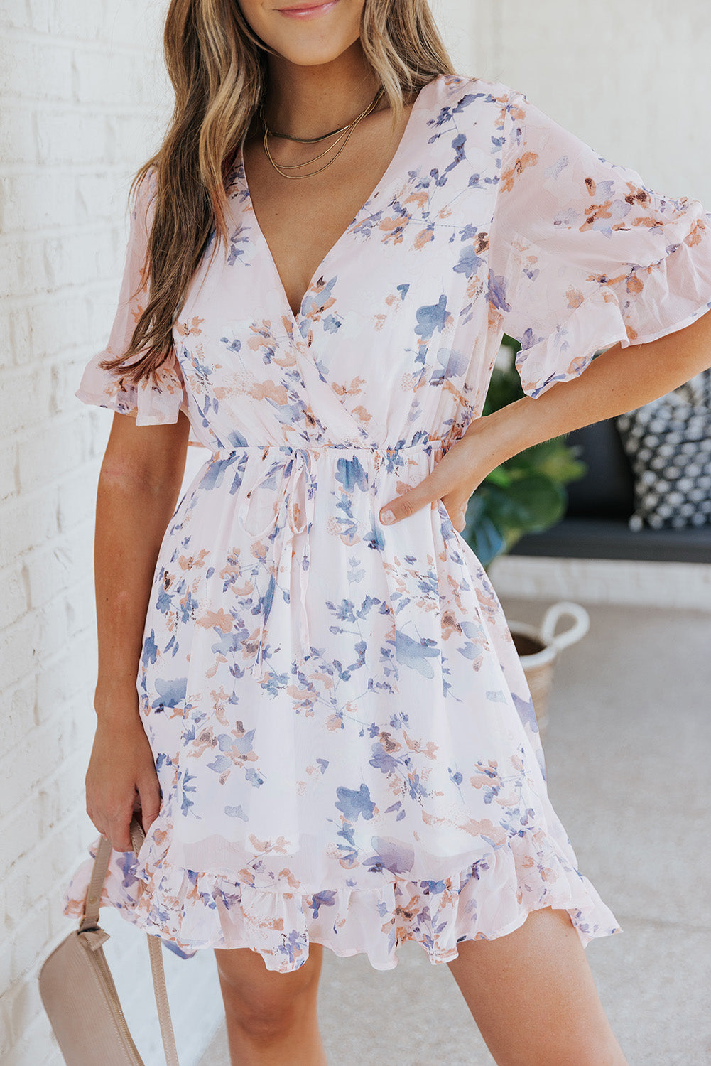 Floral Drawstring Waist Ruffled Surplice Dress - Country Club Prep