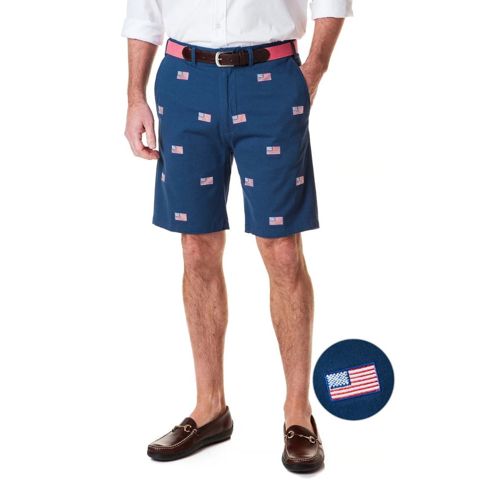 Stretch Twill Cisco Short with American Flag in Nantucket Navy by Castaway Clothing - Country Club Prep