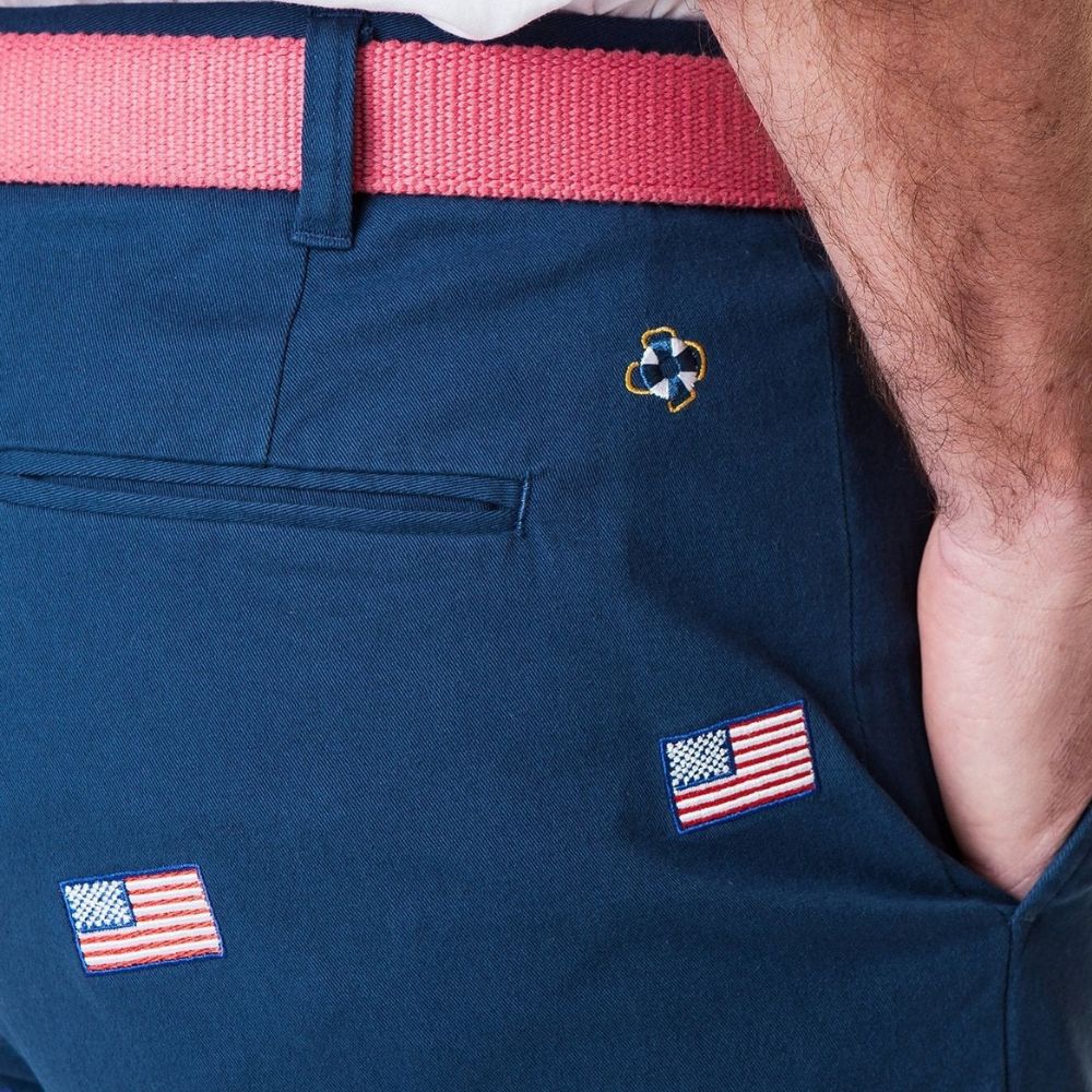 Stretch Twill Cisco Short with American Flag in Nantucket Navy by Castaway Clothing - Country Club Prep