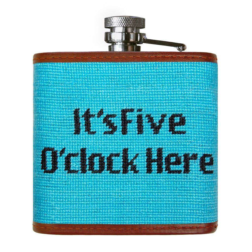 5 O'Clock Here Needlepoint Flask in Aqua by Smathers & Branson - Country Club Prep