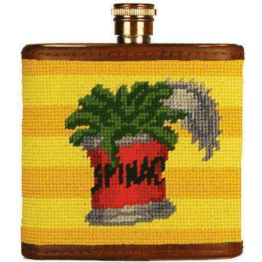 Can of Spinach Needlepoint Flask in Yellow by Smathers & Branson - Country Club Prep