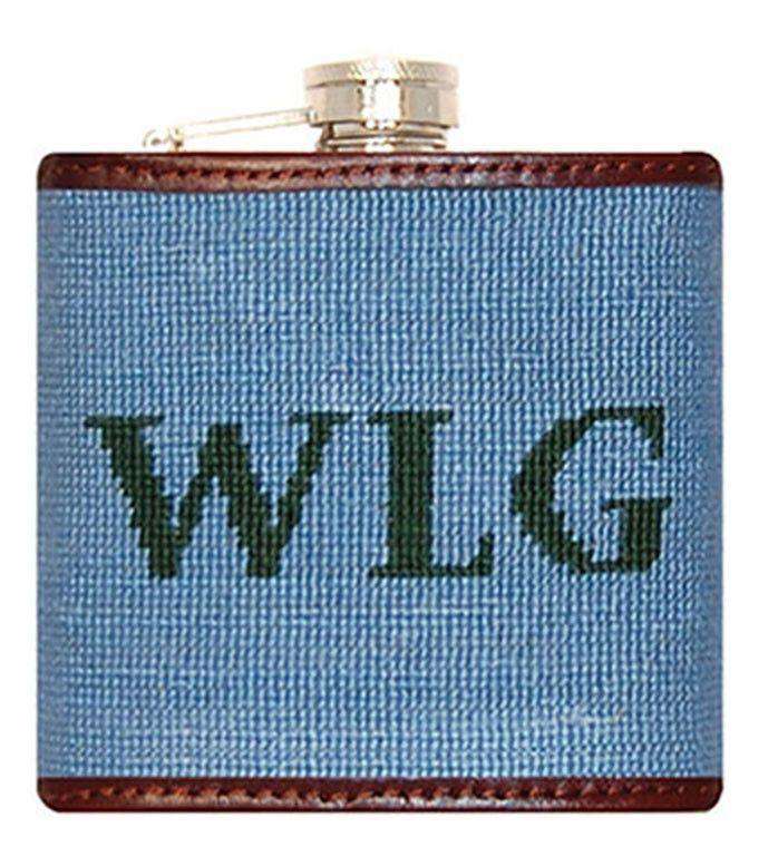 Custom Block Monogram Needlepoint Flask in Light Blue with Hunter Green Letters by Smathers & Branson - Country Club Prep