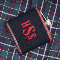 Custom Fancy Monogram Needlepoint Flask in Black with Red Letters by Smathers & Branson - Country Club Prep