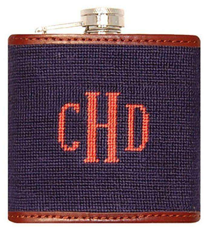 Custom Fancy Monogram Needlepoint Flask in Dark Navy with Melon Letters by Smathers & Branson - Country Club Prep