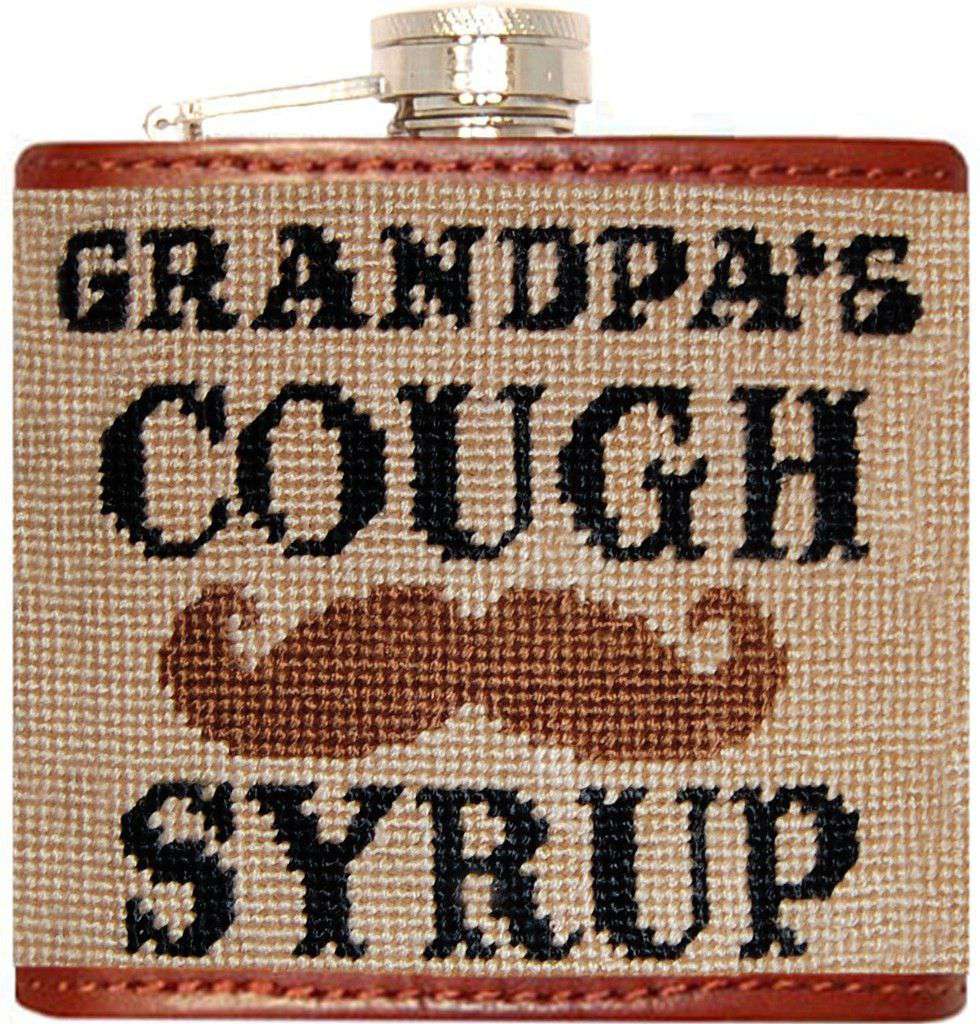 Grandpa's Cough Syrup Needlepoint Flask in Tan by Smathers & Branson - Country Club Prep