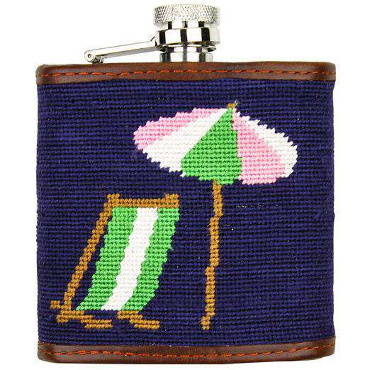 Limited Edition Southampton-Beach Chair Needlepoint Flask in Navy by Smathers & Branson - Country Club Prep