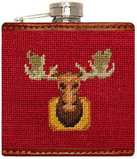 Moose Needlepoint Flask in Dark Red by Smathers & Branson - Country Club Prep
