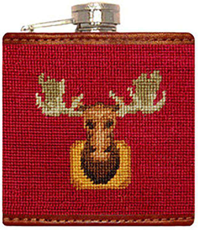 Moose Needlepoint Flask in Dark Red by Smathers & Branson - Country Club Prep