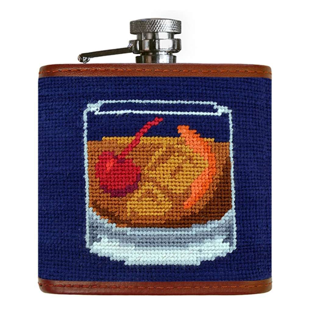 Old Fashioned Flask Needlepoint Flask in Dark Navy by Smathers & Branson - Country Club Prep