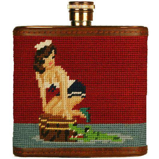Pin-Up Girl Needlepoint Flask in Light Burgundy by Smathers & Branson - Country Club Prep
