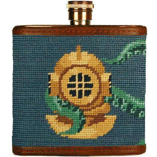 Scuba Helmet Needlepoint Flask in Blue by Smathers & Branson - Country Club Prep
