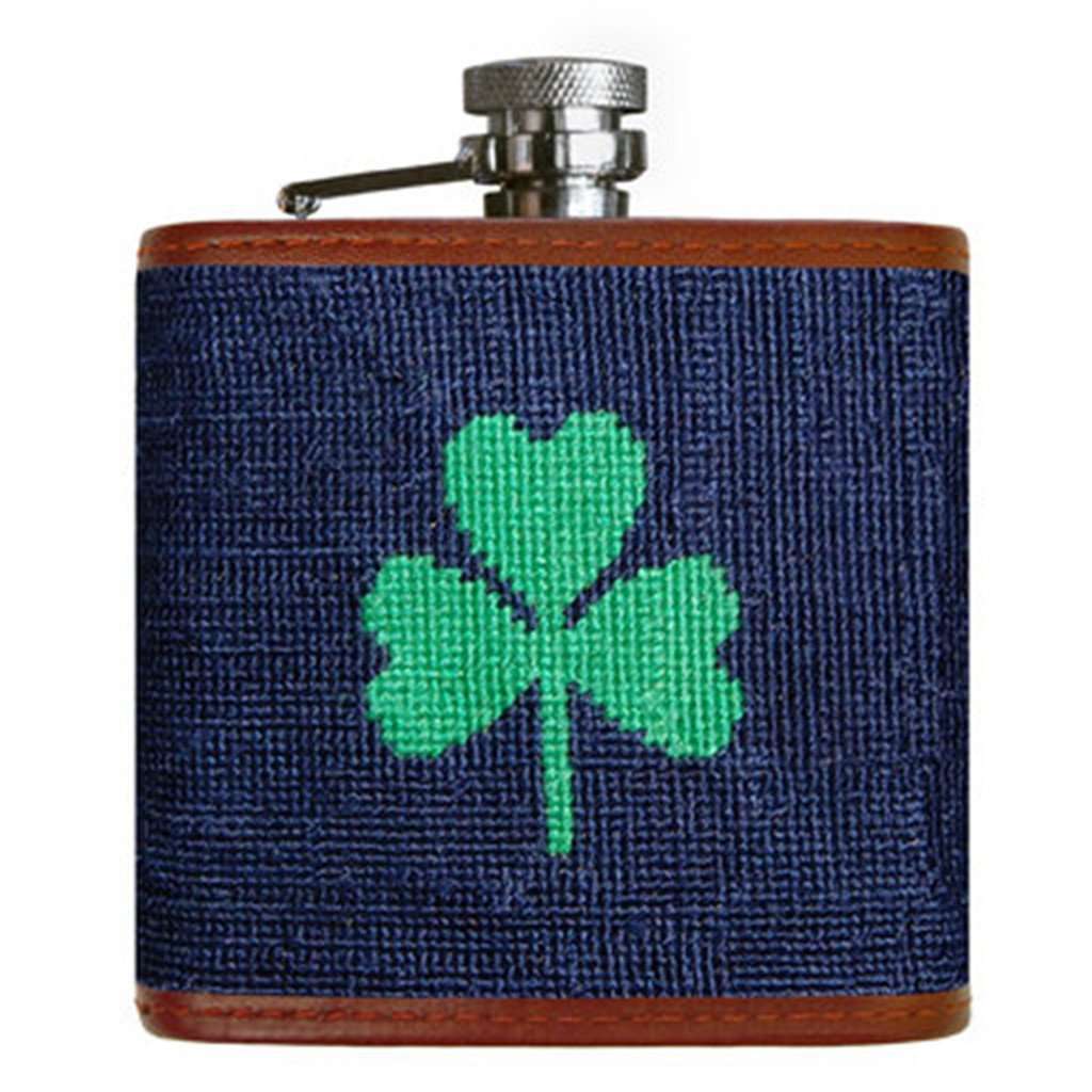 Shamrock Needlepoint Flask in Dark Navy by Smathers & Branson - Country Club Prep