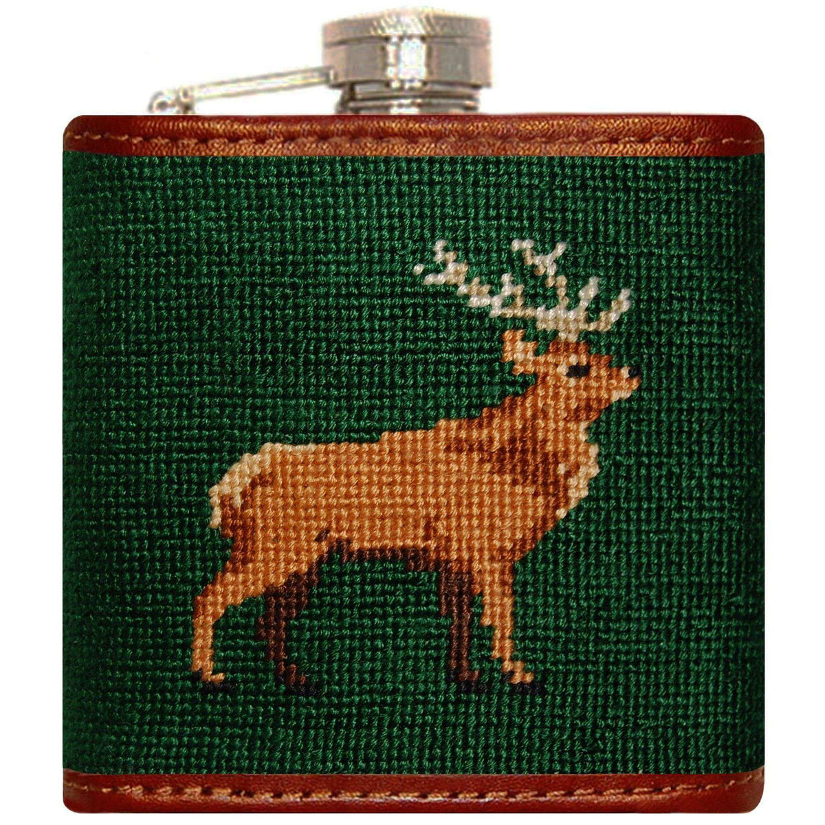 Stag Needlepoint Flask in Green by Smathers & Branson - Country Club Prep