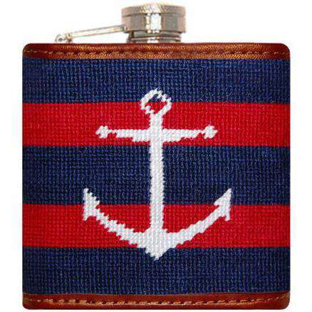 Striped Anchor Needlepoint Flask in Navy and Red by Smathers & Branson - Country Club Prep
