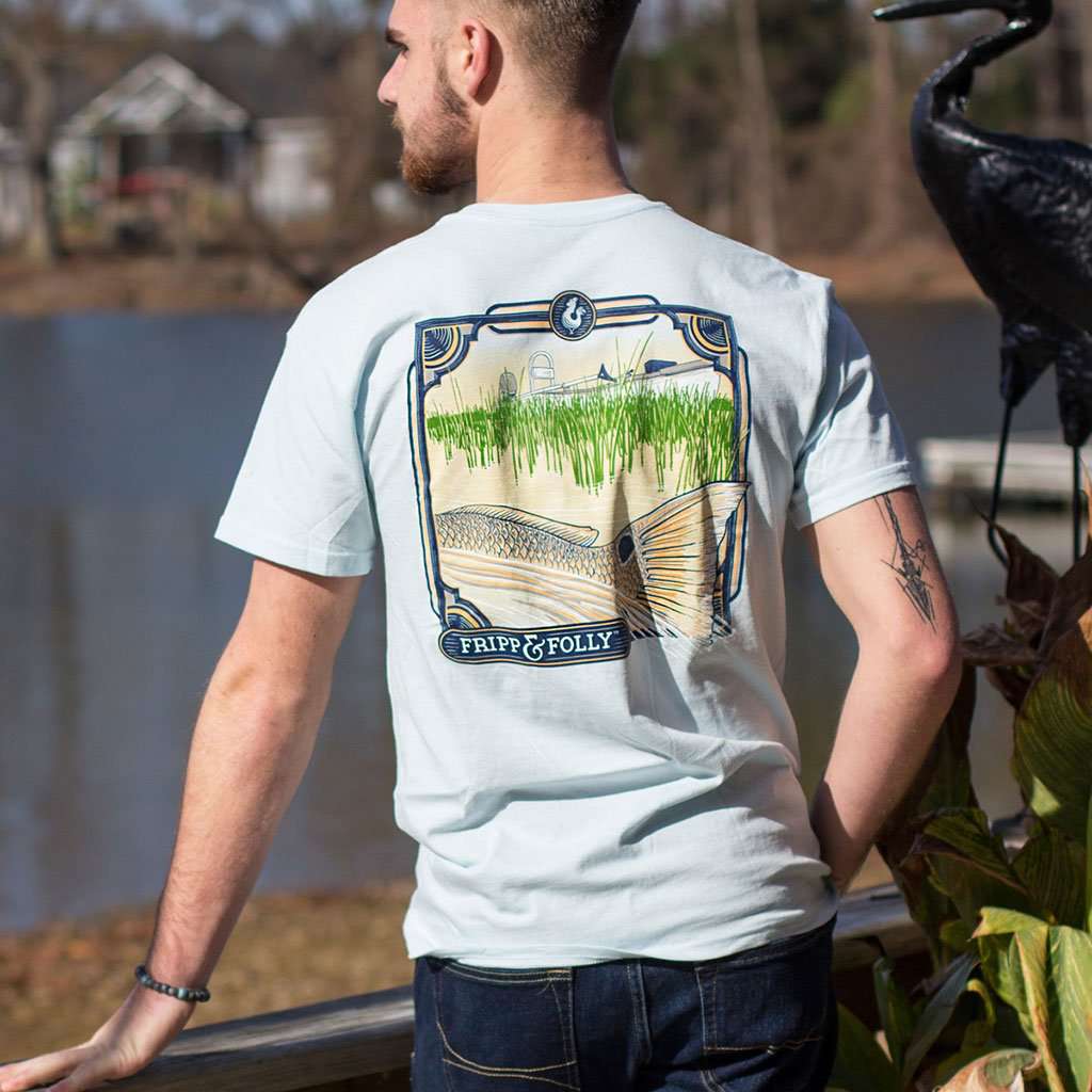 Redfish Tail with Boat T-Shirt in Chambray by Fripp & Folly - Country Club Prep