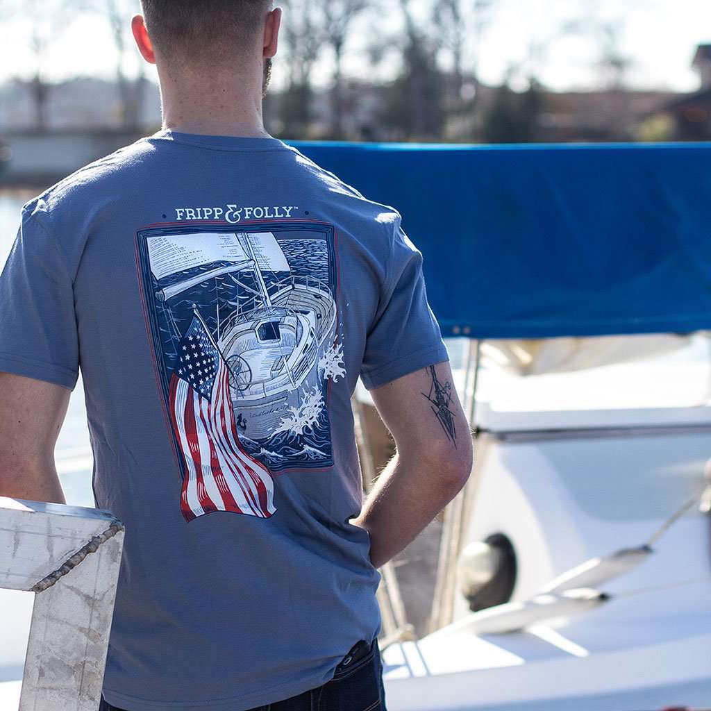 USA Flag Sailboat T-Shirt in Marine Blue by Fripp & Folly - Country Club Prep