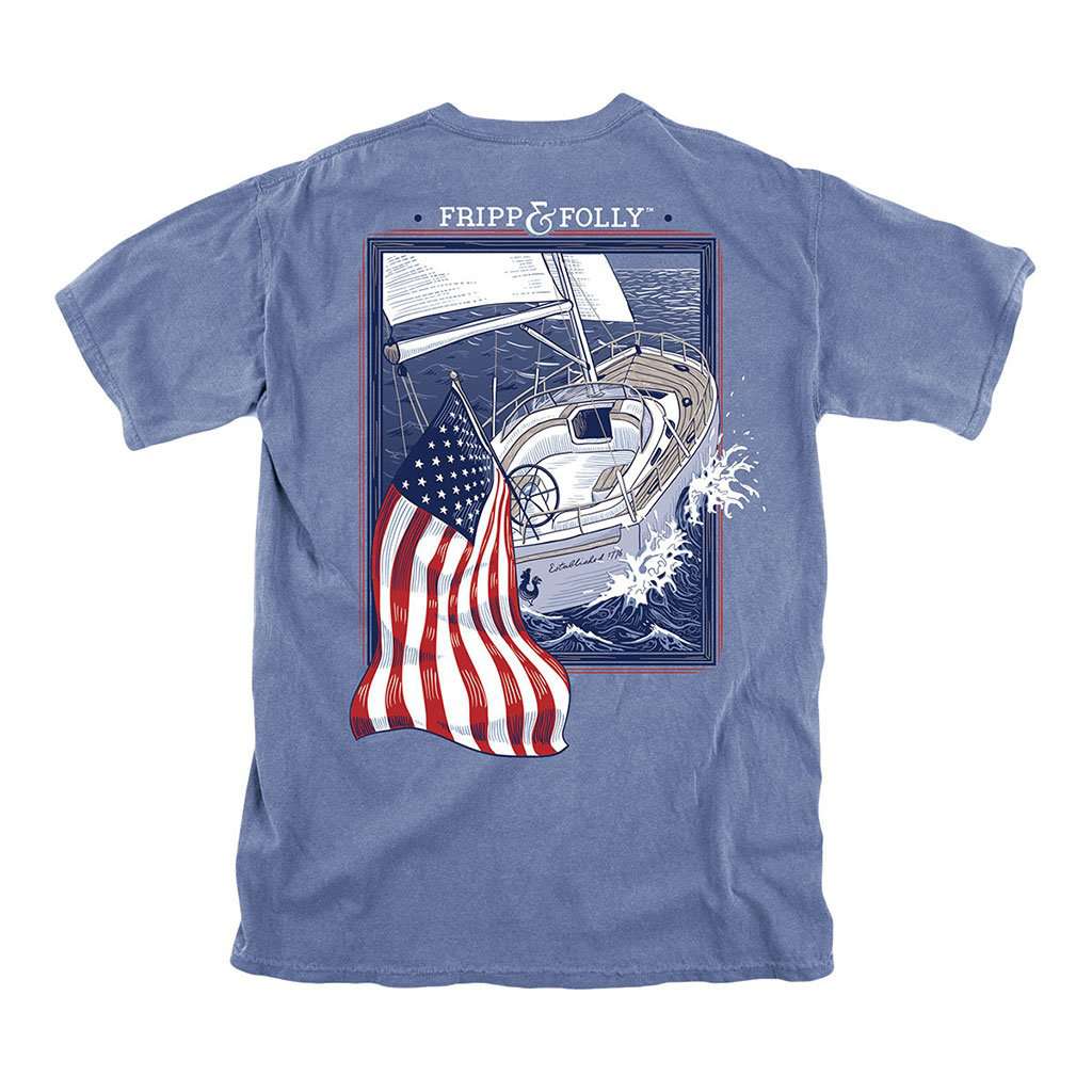 USA Flag Sailboat T-Shirt in Marine Blue by Fripp & Folly - Country Club Prep