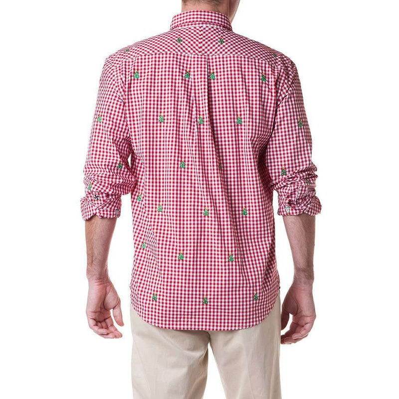 Gingham Straight Wharf Shirt with Embroidered Christmas Trees by Castaway Clothing - Country Club Prep