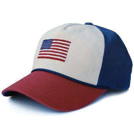American Flag Needlepoint Rope  Hat in Stone, Rust and Navy by Smathers & Branson - Country Club Prep